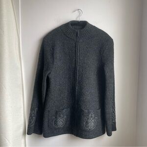 Grey Knit-Zip-Up-100% Boiled Wool-Embroidered Pockets-size M